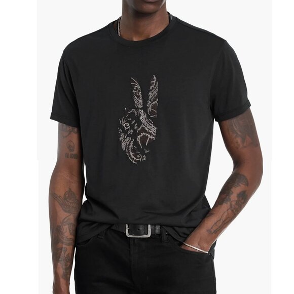 John Varvatos Men's Peace Sign Embroidery Burnout Fabric Crew T-Shirt Black - Picture 1 of 7